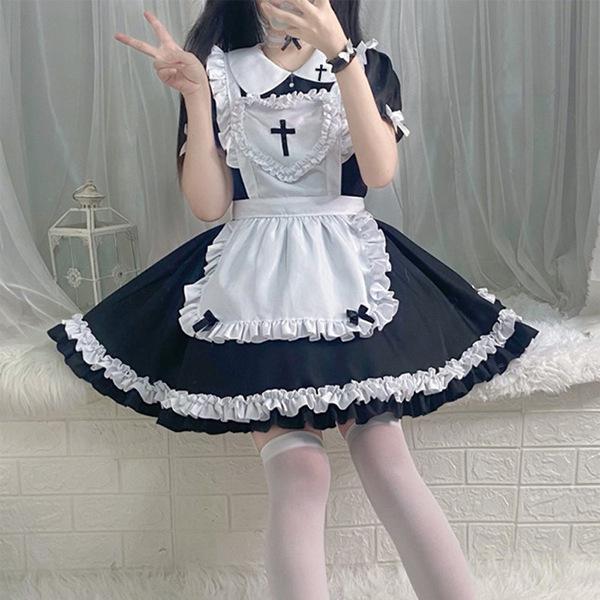 A woman poses wearing a s5xl japanese maid dress, featuring a black and white design with ruffles and a heart emblem, perfect...