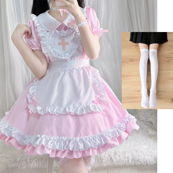 S5XL Japanese Maid Dress - Cute Anime Cosplay Costume for Women, Classic Short-Sleeve Maid Outfit - Light pink + white socks