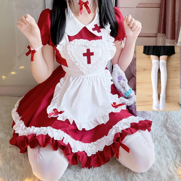 S5XL Japanese Maid Dress - Cute Anime Cosplay Costume for Women, Classic Short-Sleeve Maid Outfit - Burgundy + white socks