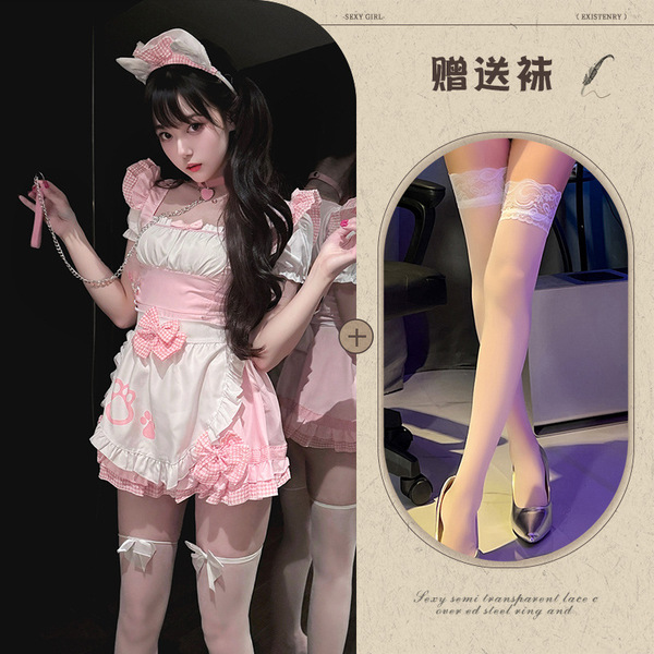 Adorable Anime Maid Costume for Women – Cute Cat-Ear Lolita Cosplay Dress with Soft Girly Design - Pink + white stockings