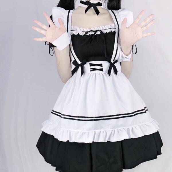 Japanese maid costume for women featuring a sexy cosplay lolita dress with an apron and headband, perfect for anime enthusias...