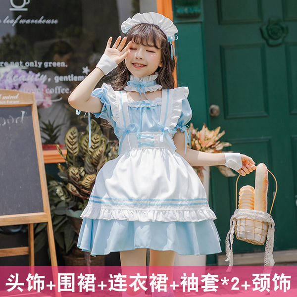 Japanese Girl Black Maid Dress - Cute Lolita Princess Costume for Kids, Kawaii Servant Outfit for Girls Ages 3-12 - Model 4088: Blue 6-piece set