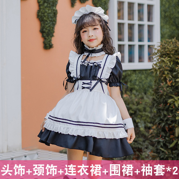 Japanese Girl Black Maid Dress - Cute Lolita Princess Costume for Kids, Kawaii Servant Outfit for Girls Ages 3-12 - Model 4088: Black 6-piece set