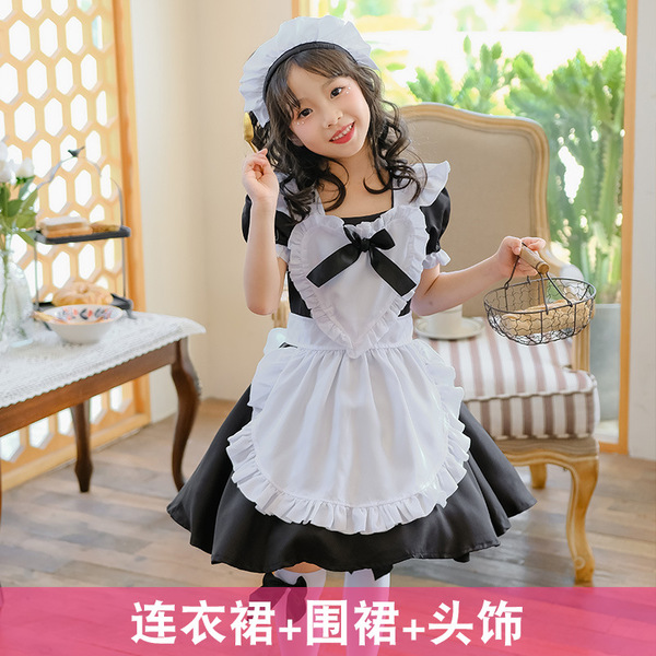 Japanese Girl Black Maid Dress - Cute Lolita Princess Costume for Kids, Kawaii Servant Outfit for Girls Ages 3-12 - Model 4111: Black 3-piece set