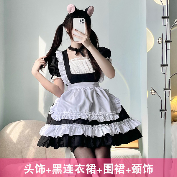 Japanese Style Plus Size Black White Lace Maid Dress - Lolita Cosplay Outfit Set for Women - Black Lolita Maid Outfit 4-piece Set