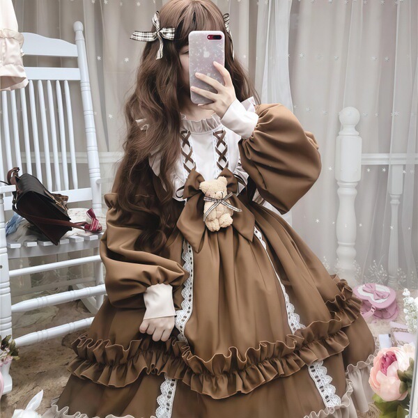 Japanese Style Plus Size Black White Lace Maid Dress - Lolita Cosplay Outfit Set for Women - Coffee-colored long-sleeved Lolita dress