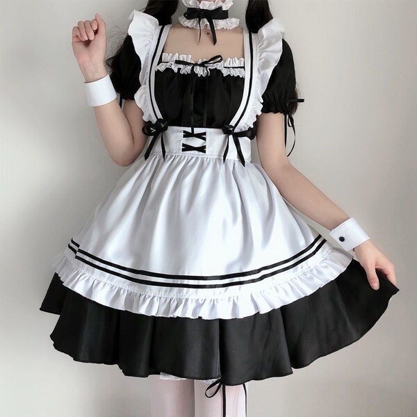 Japanese maid costume dress featuring black and white colors, ruffled sleeves, and a layered skirt perfect for anime cosplay ...