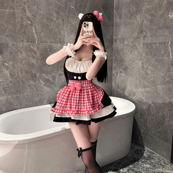 Kitty cat maid costume set - cute sexy lingerie outfit, sweet & sensual pure-delight themed dress featuring a charming red an...