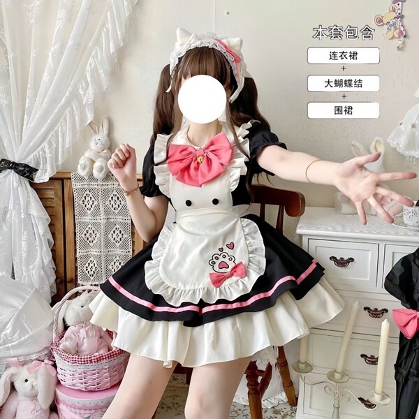 Adult Women's Cosplay Maid Dress - Cute Student Party Costume & Lolita Style Performance Dress - Black and pink OP skirt + free bow + free apron