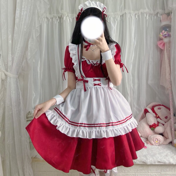 S4XL Maid Costume Cosplay Dress - Lolita Style Plus Size Servant Outfit for Women - 103 Red [Skirt + Apron + Bracelet + Leg Ring + Necklace + Headdress]