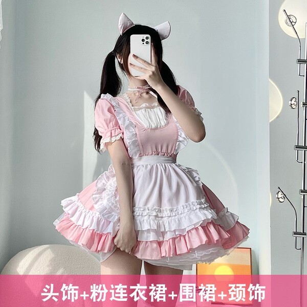Japanese Maid Costume Dress - Long Sleeve Cute Lolita Student Outfit, Sexy-Cute Cosplay Dress for Women - White stockings