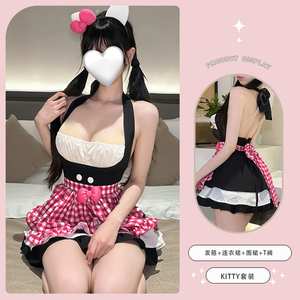 Cute Kitty Cat Maid Costume Set - Sexy & Playful QQNY Sleepwear Lingerie Outfit for Women - Set [Dress + Apron + Headband] + Black Open Crotch Stockings