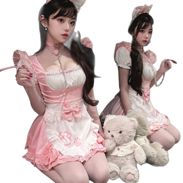 Muyao lolita maid costume for women - cute cat girl cosplay outfit with soft girly aesthetic, featuring pink and white colors...