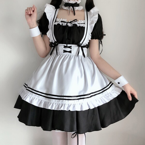 Adorable Japanese Lolita Maid Dress - Cute Soft Girl Anime Costume for Daily Wear & Stage Performance - Black six-piece outfit + white bell