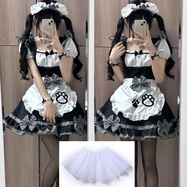 Maid Costume Cosplay Dress - Cute Cat Ear Lolita Outfit for Anime Girls & Soft Girl Aesthetic - Kitten Black Maid Outfit + Collar + Petticoat (Headpiece Included)