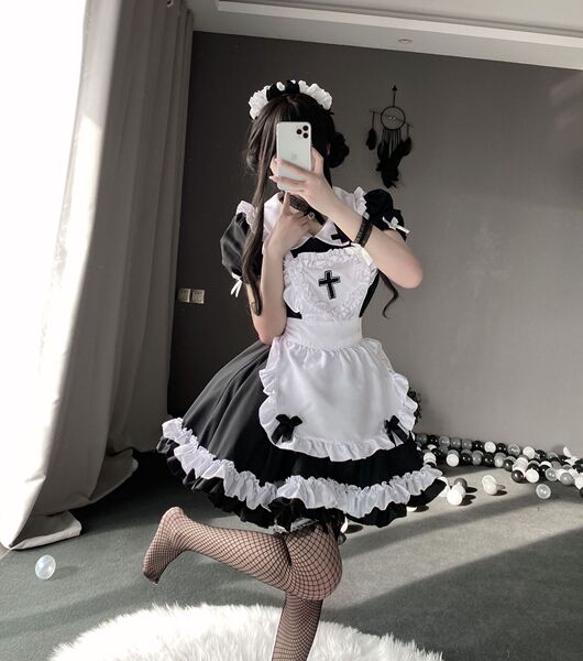 Pure & Seductive Maid Costume Set - Cosplay Lingerie, Lolita Apron Sleepwear for Role Play & Bedroom Fun - Cross Maid Black