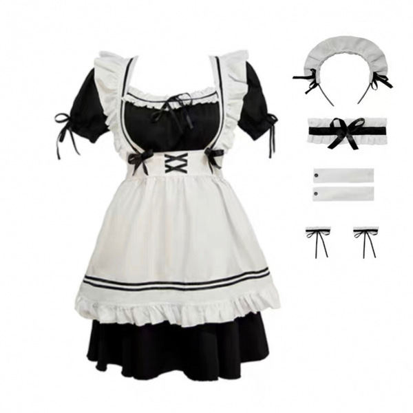 Maid Costume Cosplay Outfit - Cute Anime Lolita Dress for Women, Sexy Student Style Pure & Sweet Aesthetic - Six accessories plus skirt and apron XL