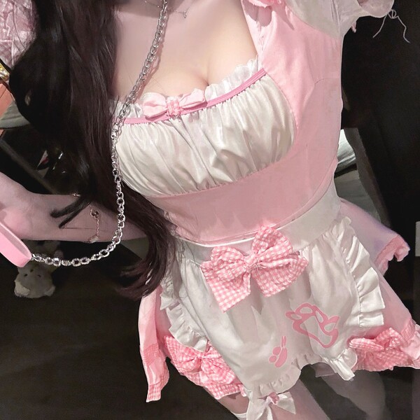 Qingran maid costume cosplay outfit - cute cat ear lolita servant dress for women featuring pink bows and ruffles, perfect fo...