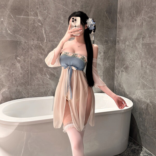 Feiniao moon gazing lingerie - vintage chinese silk mesh dress with imperial doudou, sensual hanfu cosplay outfit featuring e...