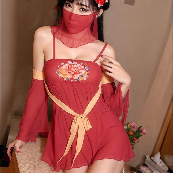 Tang Dynasty Style Silk Scarf Gown - Chinese Court-Inspired Sensual Sleepwear for Women - Image color + white fishnet stockings