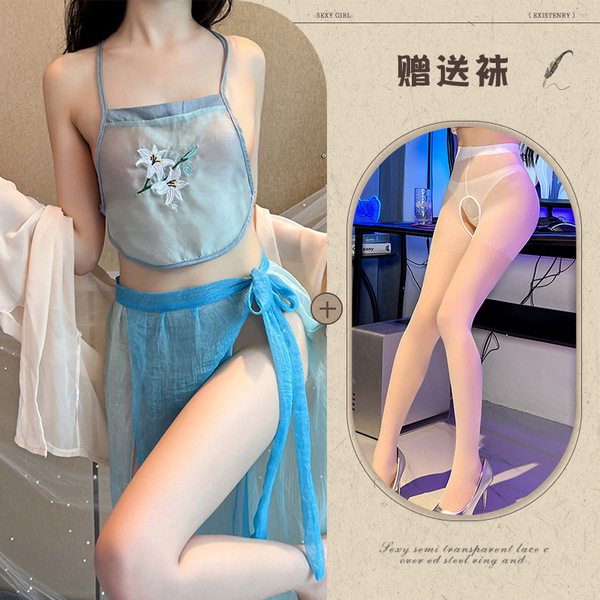 Sensual Hanfu Lingerie Set - Vintage Chinese Silk Sleepwear with Embroidery, Busty Costume Outfit for Adults - Blue and white open-crotch socks