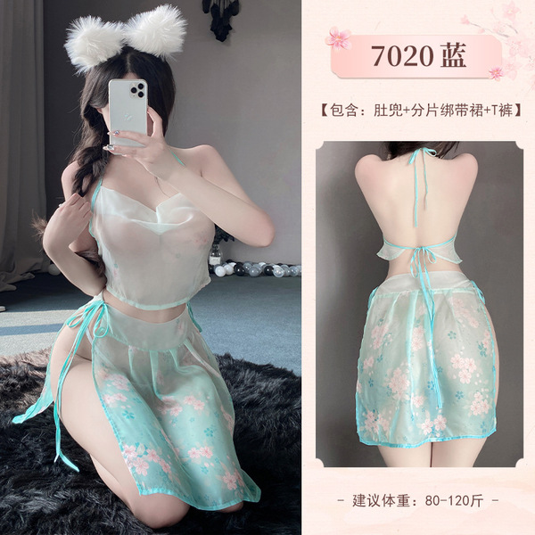 Vintage Chinese-Inspired Lingerie Set - Sheer Hanfu-Style Qipao Costume for Romantic Role Play - 7020 Blue