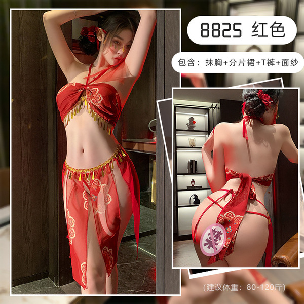 Huanqing New Chinese-Style Neck-Hanging Bralette - Vintage Sexy Sheer Panel Dress Sleepwear Set - red