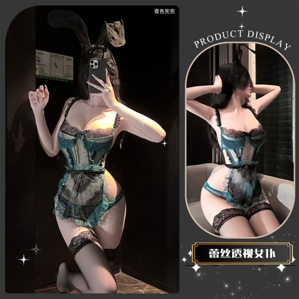 Chao Mu Sensual Lingerie Set - Sheer Polka Dot Maid Outfit with Bow & Backless Design, Japanese Sweet Style - Polka Dot Sweet Barbie [Green] + Black Hairband