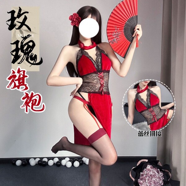 Exotic lace sheer high-waist split cheongsam lingerie set – rose dance queen costume, elegant red design with lace details an...