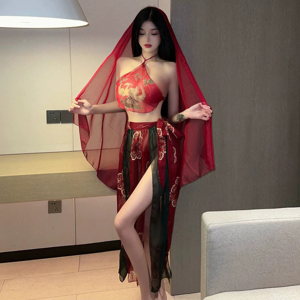 Ancient Chinese Palace-Style Lingerie Set - Seductive Hanfu Bodice & Sheer Flying Skirt with Embroidery - red