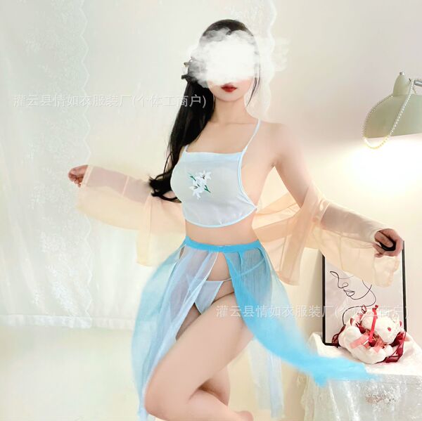 Seductive Hanfu Lingerie Set - Vintage Chinese Silk Sleepwear with Embroidery & Uniform-Inspired Temptation - Blue Set