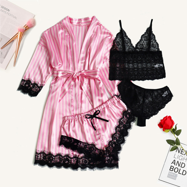 Stylish Satin Stripe Lingerie Set - Lace Cut-Out Bra & Matching Panty 4-Piece Outfit - Pink four-piece set