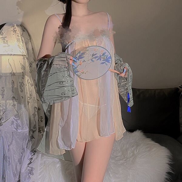 Plus Size Vintage Chinese Lingerie Set - Embroidered Hanfu Bodice & Cheongsam-Inspired Seductive Costume - Jade Ring Set [Outerwear + Bodyband + Underwear]