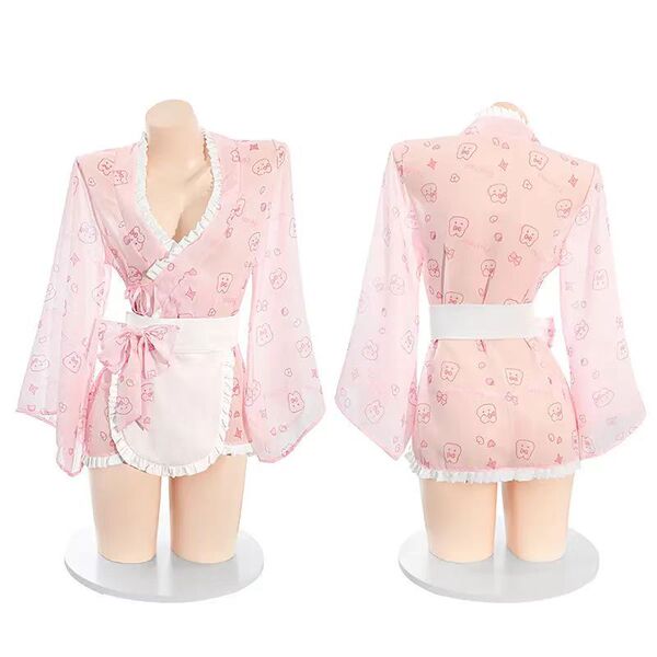 Rabbit-themed japanese maid costume sleepwear set – cute & alluring kimono-style robe with bow dress