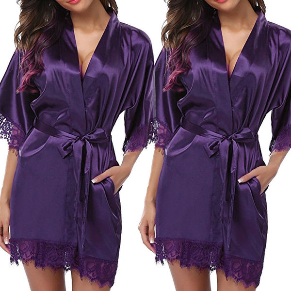 Ruixiang Plus Size Sexy Robe for Women – Ice Silk Lingerie Bathrobe, Alluring Lounge Wear & Intimate Apparel - Purple