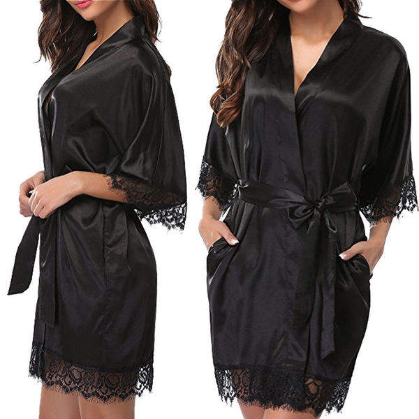 Ruixiang Plus Size Sexy Robe for Women – Ice Silk Lingerie Bathrobe, Alluring Lounge Wear & Intimate Apparel - black