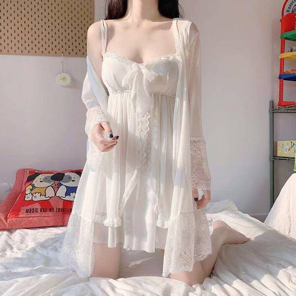 Sweet Palace Style Lace Sleepwear Set for Women – Loose Korean-Inspired Summer Cami Dress & Matching Shorts - White