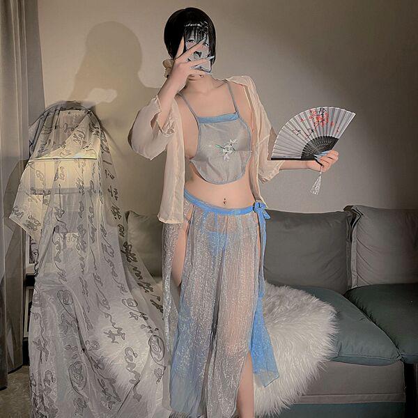 Vintage-inspired plus-size lingerie set featuring an embroidered hanfu-inspired design, combining a sheer corset with a flowi...