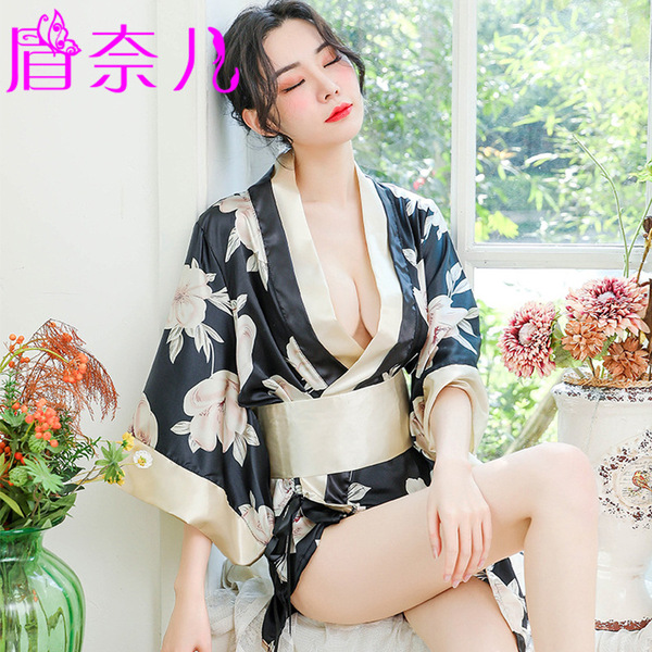 2026 Japanese-Style Sexy Lace Robe Set – Plus Size Kimono Bathrobe with Floral Print & Tied Waist for Romantic Lingerie - black