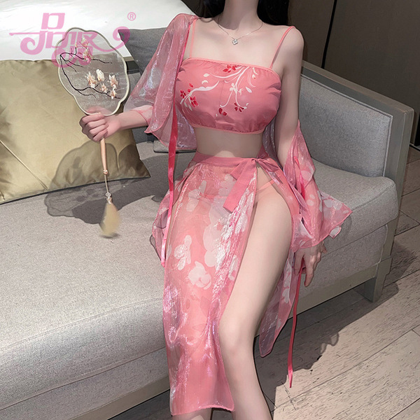 Pinxian Original Chinese-Inspired Lingerie Set for Women – Seductive Hanfu Role Play Sleepwear with Cherry Blossom Desig - Pink (tube top + skirt + thong + outer cardigan)
