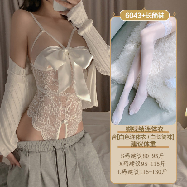 Pure & Tempting Lace Lingerie Set - Sheer Sensual Sleepwear for Small Bust, Erotic Costume Outfit - 6043 White + White Thigh-High Stockings