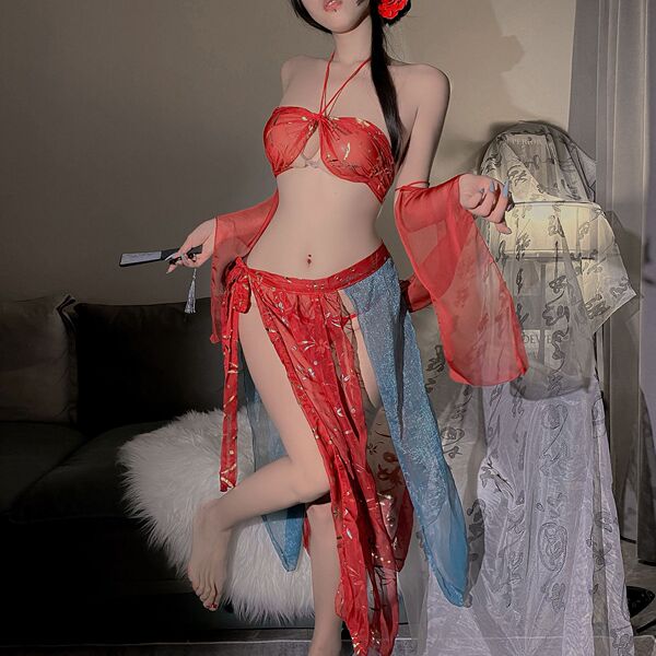 Vintage Chinese-Style Lingerie Set - Plus Size Silk Qipao Role Play Outfit for Sensual & Elegant Wear - Dunhuang [Outerwear + Bandeau Top + Underwear + Striped Skirt]