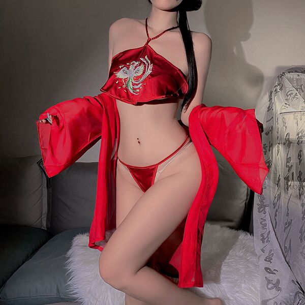 Vintage Chinese-Style Lingerie Set - Plus Size Silk Qipao Role Play Outfit for Sensual & Elegant Wear - Phoenix [Jacket + Bandeau + Underwear]