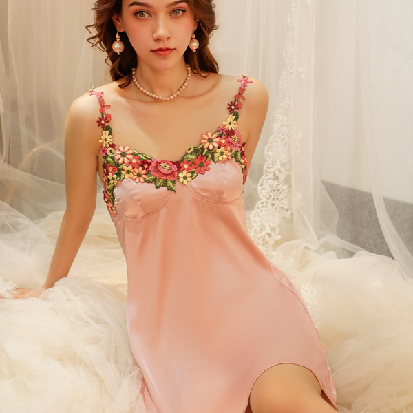 Spring Blossom Embroidered Satin Sleep Dress - Sexy Silk-Look Loungewear for Women, One-Piece Pajama Set - pink