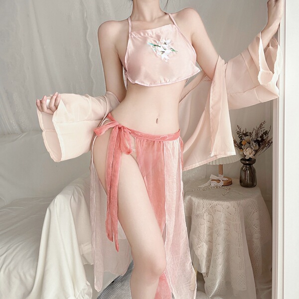 Night Dream Lotus Hanfu Lingerie Set - Vintage Chinese Erotic Sleepwear with Embroidery & Seductive Uniform Style - Pink Set