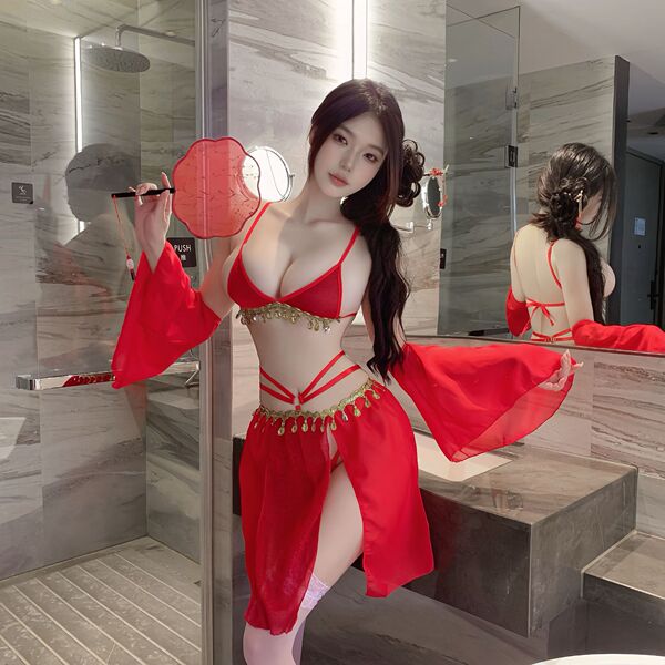 Tang Dynasty Silk Lace Lingerie Set - Gold-Thread Embroidered Sheer Sensual Outfit, Poetic Elegance & Pure Desire Style - Red and white fishnet stockings