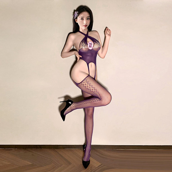 Sexy Open-Crotch Stocking Bodysuit - Black Mesh Lace Bodycon Sheer Lingerie for Women - Purple
