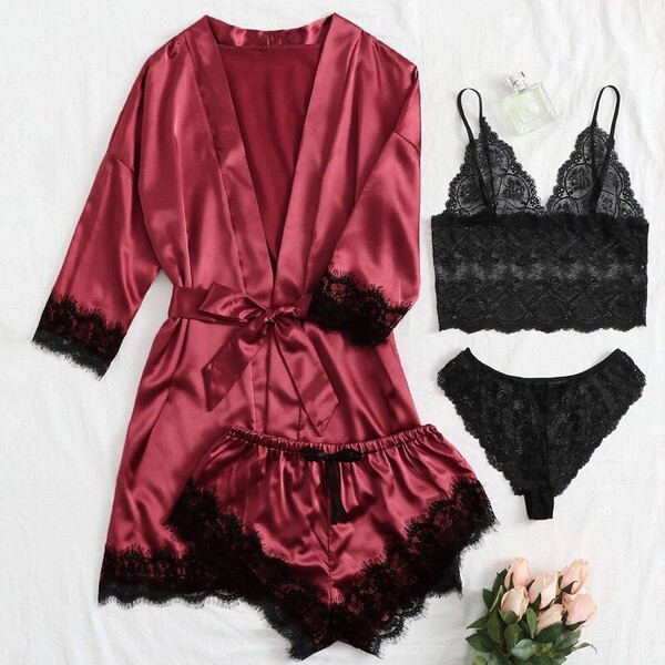 European Women's Lace Sleepwear Set - Sexy Matching 4-Piece Pajama Set for Plus Size & Curvy Women - Claret