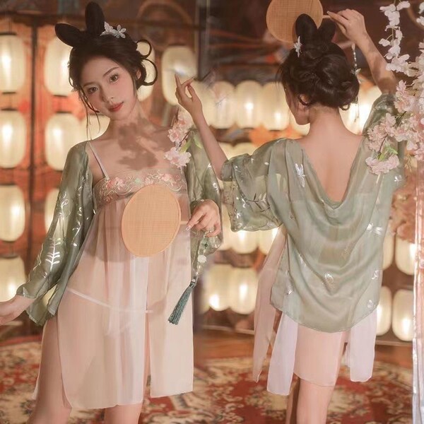 Vintage-inspired sheer lingerie set featuring pearl embellishments, delicate dudou design, and tassel skirt, perfect for exot...