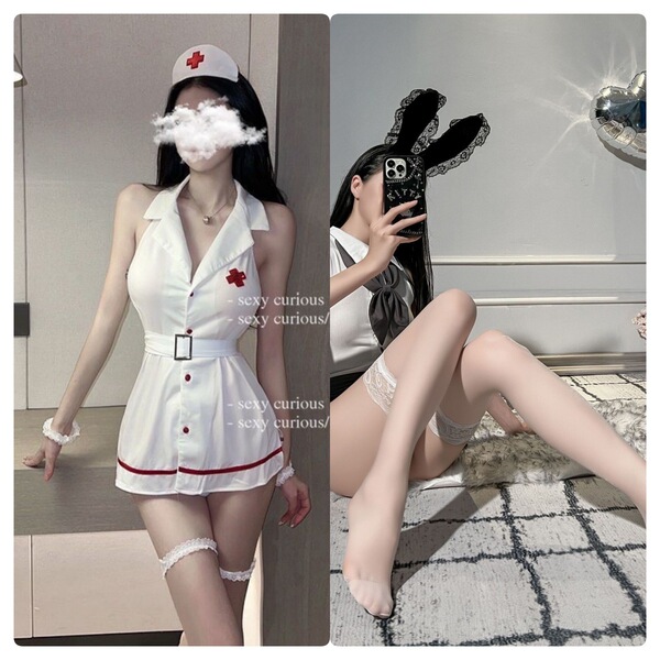 Sexy Nurse Costume Set - Black & White Cosplay Outfit with Lingerie for Role Play, Adult Costume Wholesale - White + white stockings